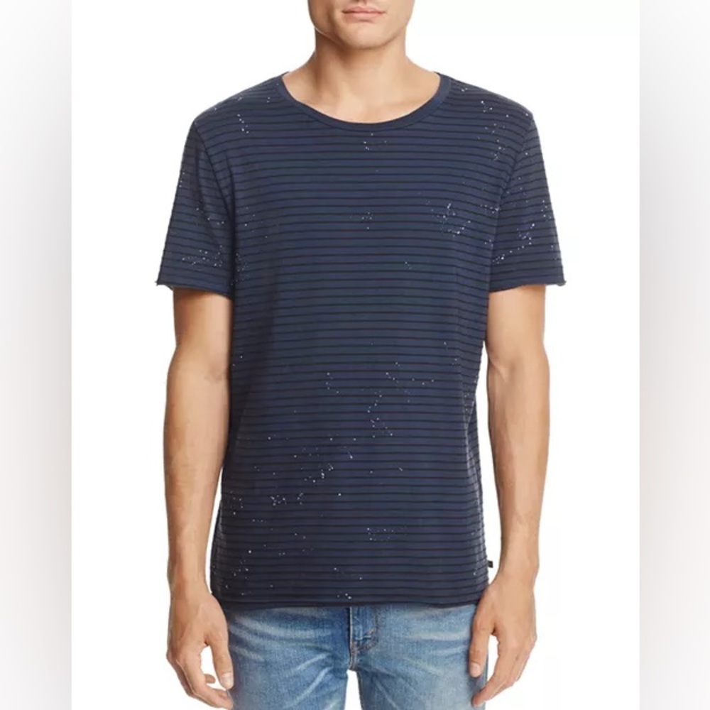 AG Adriano Goldschmied Julian Raw Paint Splatter Striped Tee Navy Men’s L